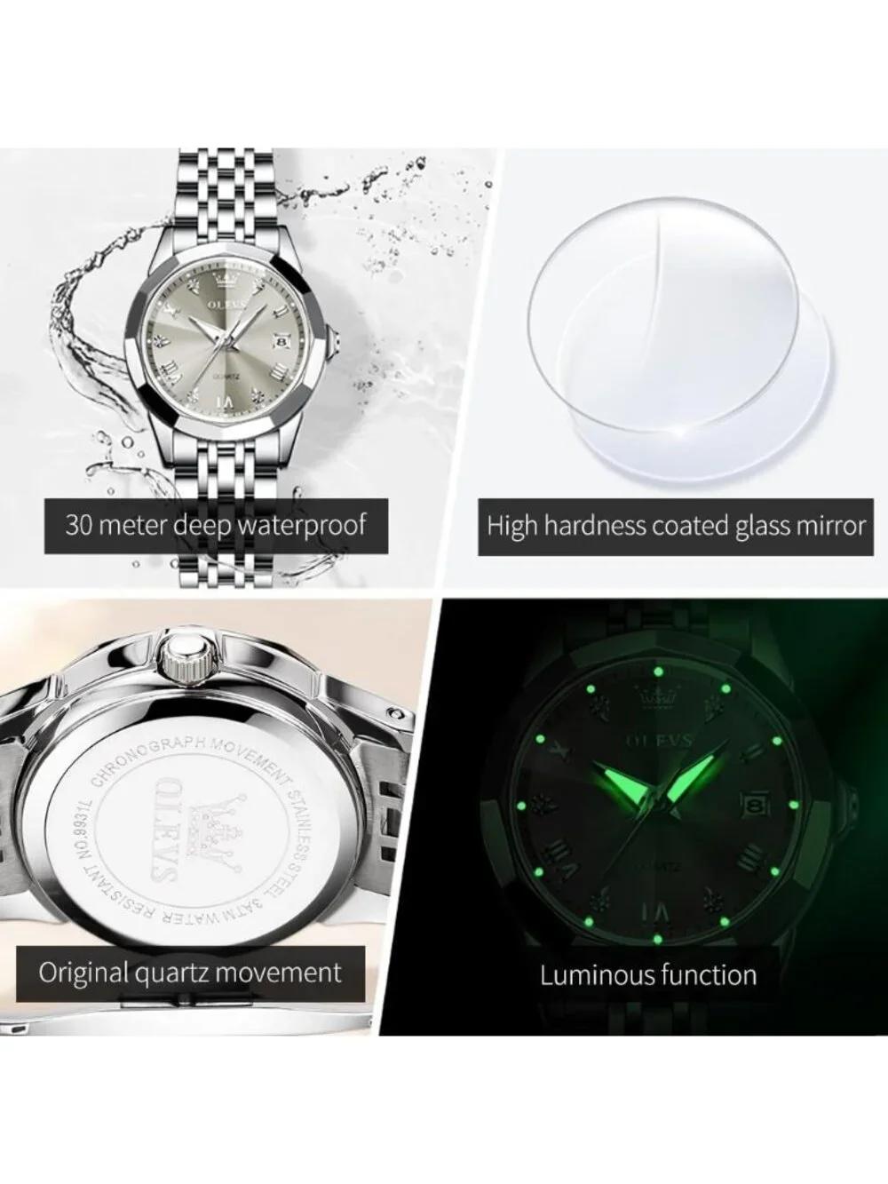 Women’s Grey White Luxury Stainless Steel Waterproof Quartz Analog Dress Watch
